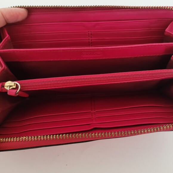 Coach Accordion Zip Around Wallet Pink Red Large Saffiano Leather - Picture 3 of 8
